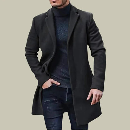 Men’s Mid-Length Woolen Overcoat – Solid Color Warm Coat, Classic Windbreaker-Style Outerwear Available in Multiple Colors
