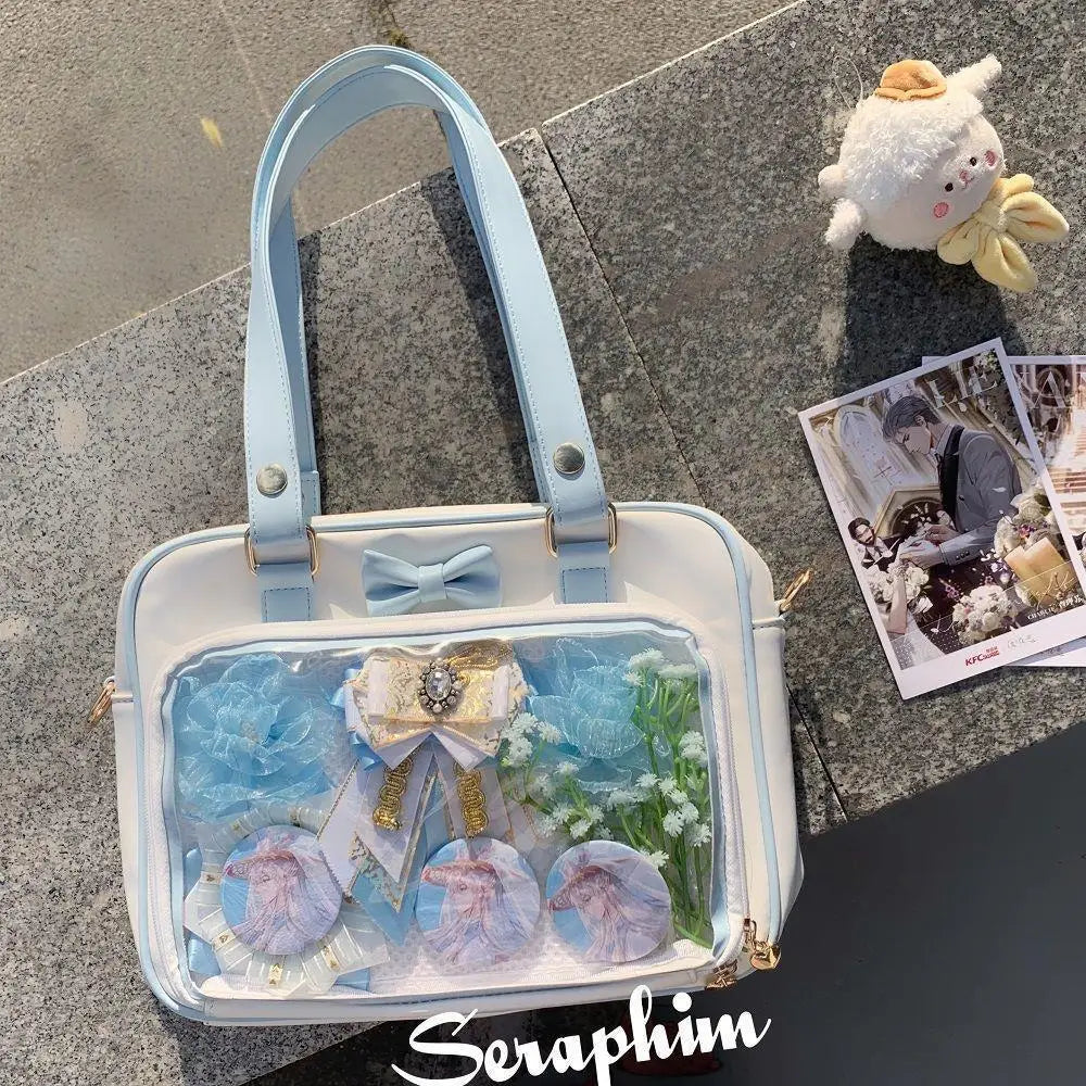 Bolso Y2K lindo con moño Ita – Bolso de hombro transparente para mujer y niña, bolso tote de exhibición de insignias DIY, bolso bandolera de moda Lolita con diseño de moño Kawaii