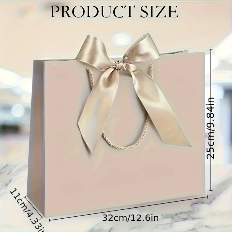 10 bolsas de regalo beige de "agradecimiento" con moños dorados – Elegantes bolsas de papel plegables para compras para recuerdos de bodas, regalos de fiestas y eventos