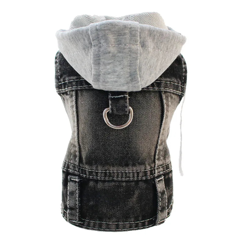 Cool Dog Denim Jacket Vest – Hooded Jean Coat with D-Ring for Small & Medium Dogs, Puppy Harness Vest for Spring Walks