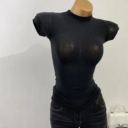 Half High Collar Korean T-Shirt – Transparent Short Sleeve Slim Fit Elastic Inner Top, Solid Color Bottoming Shirt for Women, Stylish Layering & Fashion Casual Wear