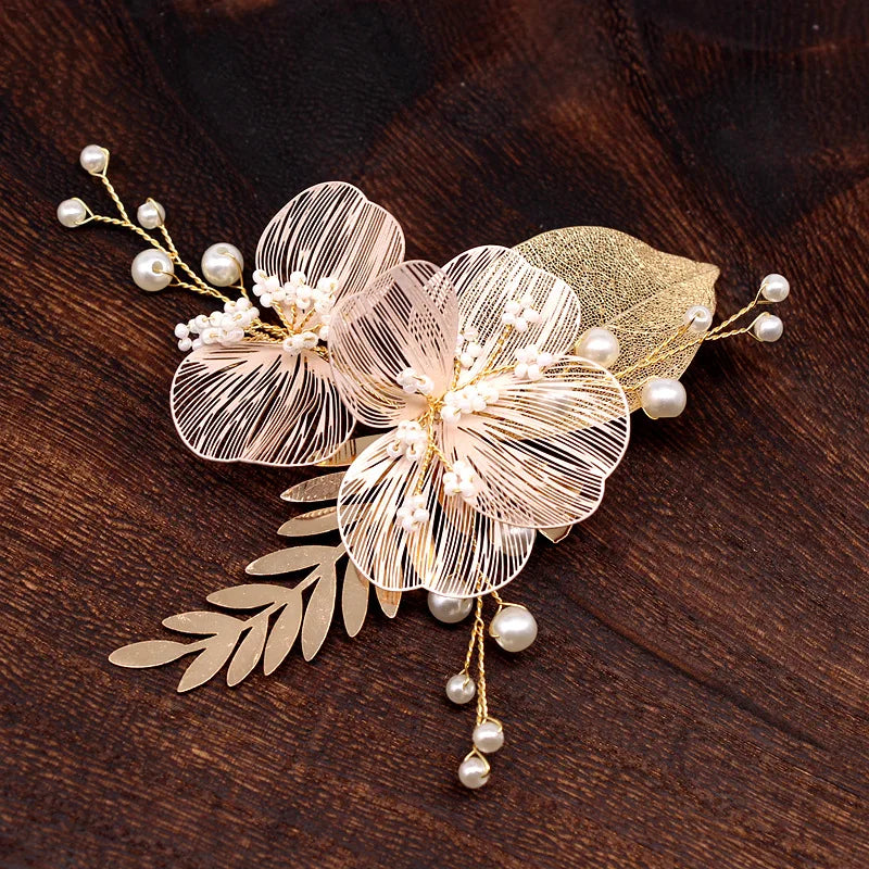 Vintage Gold Floral Bridal Headband with Pearls – Fairy Wedding Tiara for Brides, Prom & Special Occasions