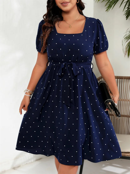GIBSIE Plus Size Women's Polka Dot Dress – Elegant Square Neck Belted Puff Sleeve A-Line Swing Dress for Summer
