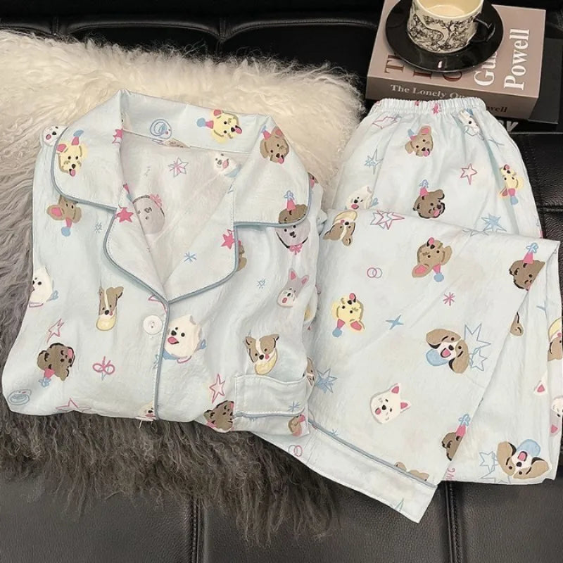 Pijama de 2 piezas a cuadros con bordado de perro para mujer - Estilo coreano, suave, de manga larga, ropa de dormir y de estar para otoño