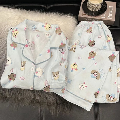 Pijama de 2 piezas a cuadros con bordado de perro para mujer - Estilo coreano, suave, de manga larga, ropa de dormir y de estar para otoño