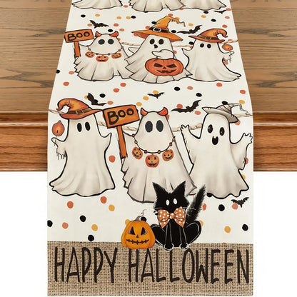 Halloween Table Runner with Ghost, Pumpkin and Black Cat Pattern, Spooky Dining Table Decor, Halloween Kitchen Tablecloth, Sideboard and Dresser Decoration, Festive Home Party Ornament