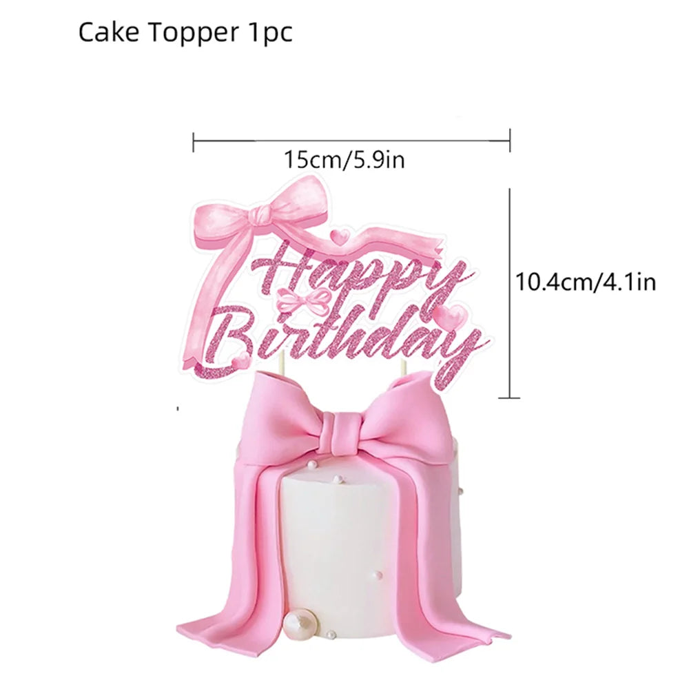 Kit de Fête d'Anniversaire Rose – Thème Princesse Bannière, Ballons Nœud, Pailles, Assiettes en Papier Jetables, Serviettes et Gobelets Vaisselle Décorations pour Fêtes d'Anniversaire de Filles