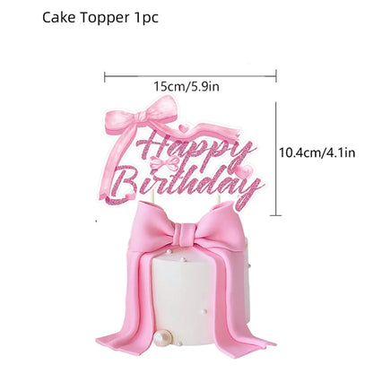 Kit de Fête d'Anniversaire Rose – Thème Princesse Bannière, Ballons Nœud, Pailles, Assiettes en Papier Jetables, Serviettes et Gobelets Vaisselle Décorations pour Fêtes d'Anniversaire de Filles