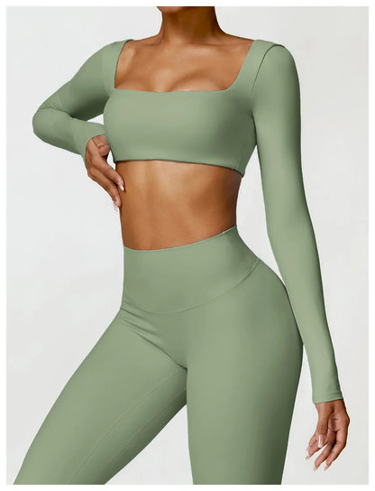 Women’s Square Neck Sports Crop Top – Long Sleeve Quick-Dry Gym Yoga Fitness Activewear