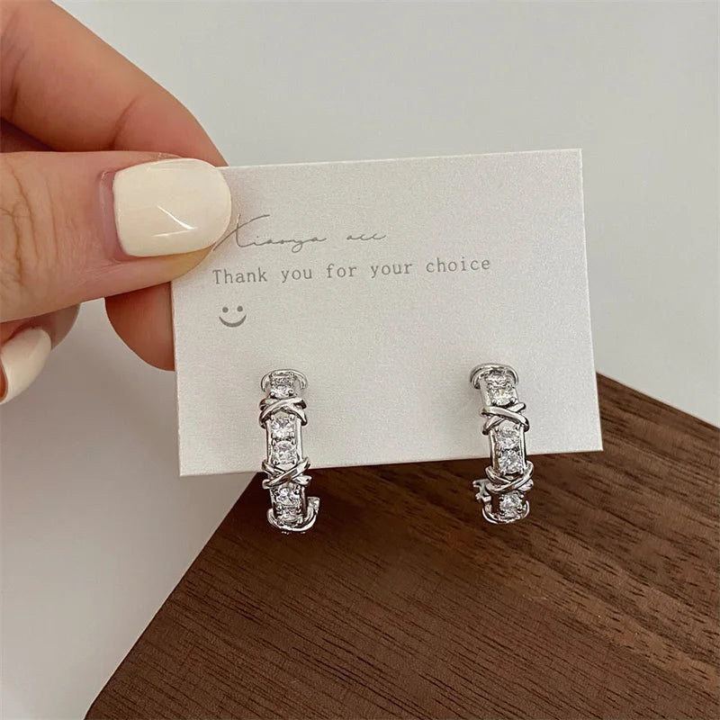Vintage Double-C Cross Zircon Stud Earrings – Korean Fashion Crystal Earrings for Women | Elegant Engagement Jewelry Gift