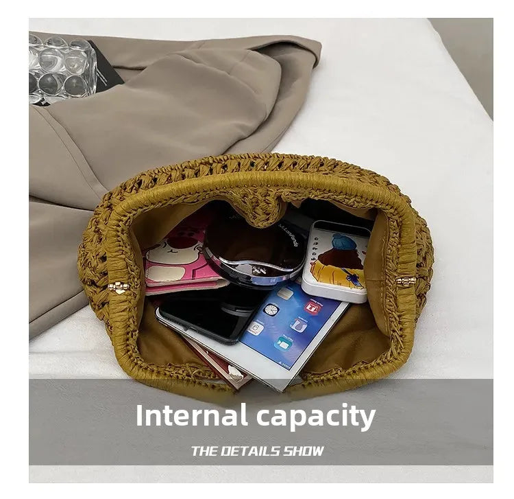 Bolso de playa de lujo de paja tejida para mujer - Bolso de mano de ratán de moda, Bolso de mano de verano para viajes, vacaciones, compras y salidas casuales, Bolso tejido a mano inspirado en el diseñador