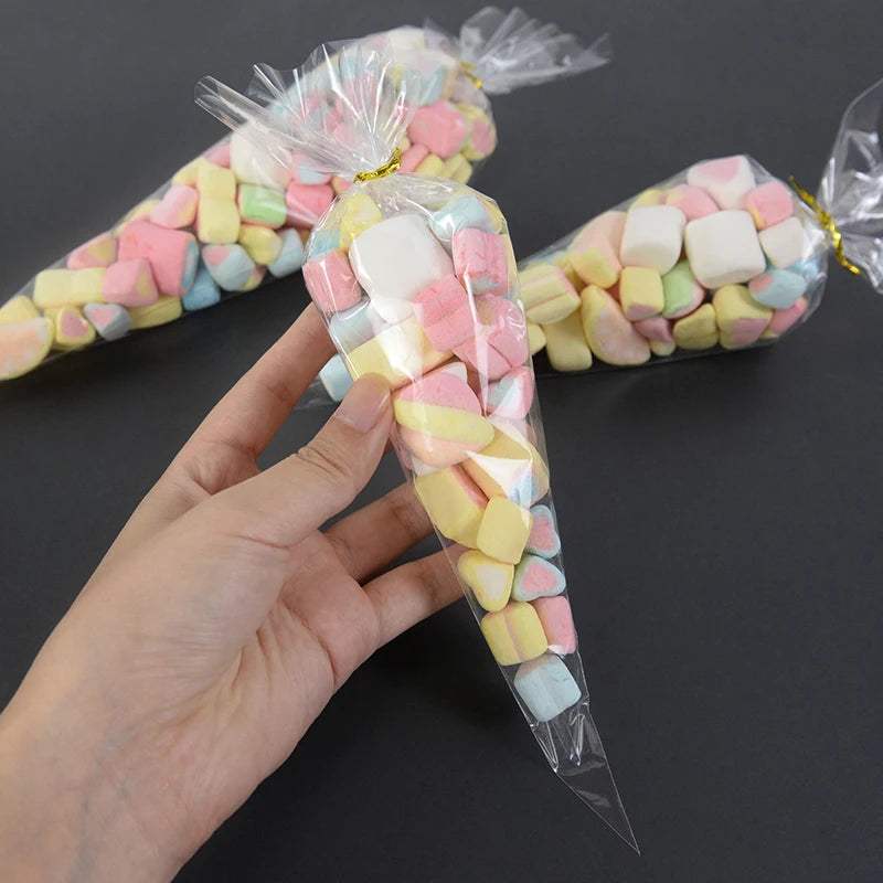50 bolsas de celofán transparentes con forma de cono – Bolsas de plástico transparentes para palomitas, dulces, baby shower, regalos de boda y empaques de regalo