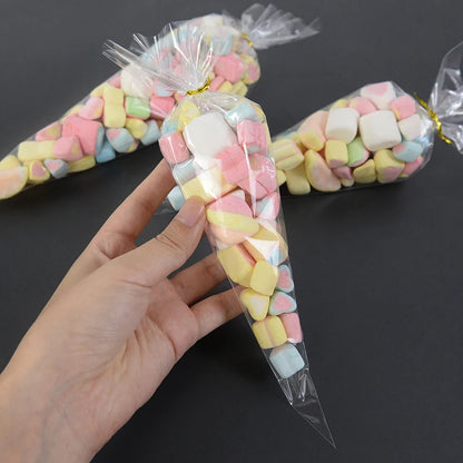 50 bolsas de celofán transparentes con forma de cono – Bolsas de plástico transparentes para palomitas, dulces, baby shower, regalos de boda y empaques de regalo