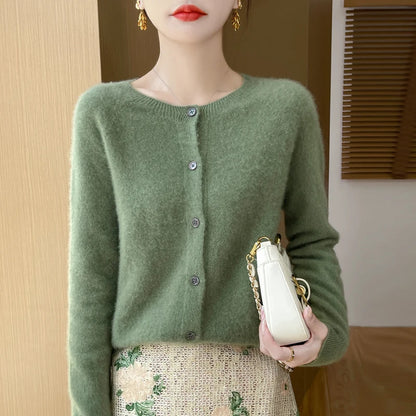 Women's 100% Merino Wool Long-Sleeve Sweater – O-Neck Knit Cardigan-Style Top for Spring & Autumn, Soft Basic Fashion Knitwear