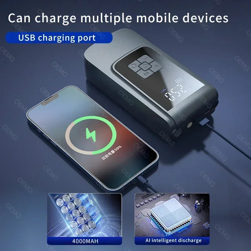 Compresor de aire inalámbrico portátil para inflar neumáticos – Bomba de aire eléctrica digital LCD para coches, motocicletas, bicicletas y balones deportivos