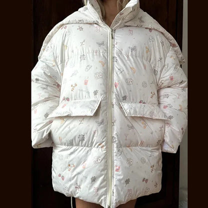 Women’s Winter Printed Coat & Pants 2-Piece Set – Warm Stand Neck Hooded Cotton Jacket with High-Waisted Pants, Chic Casual Outfit