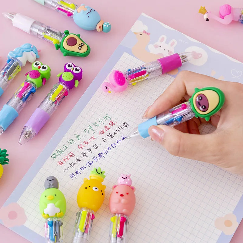 5PCS Kawaii Mini Ballpoint Pens – 4-Color Cute Cartoon Retractable Multicolor Pens for Kids, School Stationery, Office Supplies & Gifts