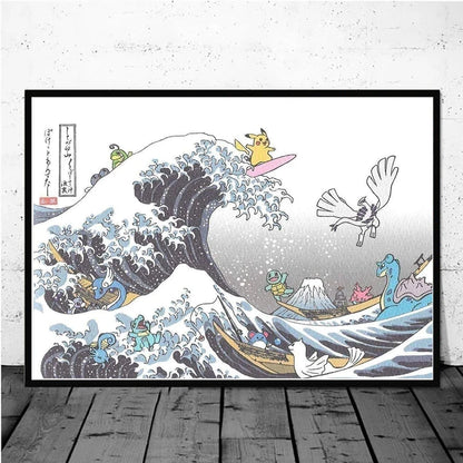 Pokémon Pikachu Great Wave of Kanagawa Canvas Wall Art – Anime Comic Poster Home Decor