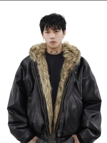 Men’s Thick Faux Leather Winter Coat – Solid Color Loose-Fit Jacket, Trendy American Casual Outerwear for Everyday Wear