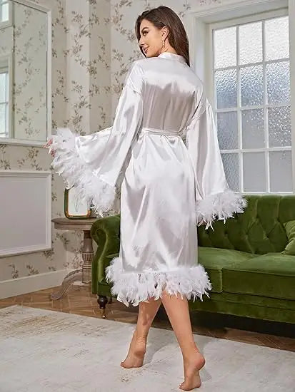 Women’s Satin Robe – Feather Trim Long Sleeve Solid Color Sleepwear Casual Loungewear Bathrobe