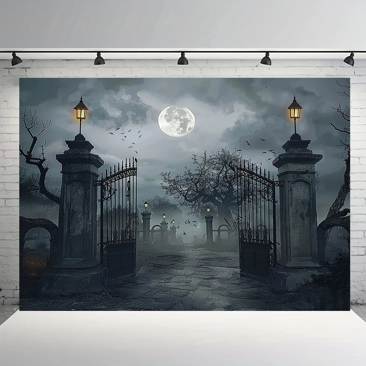 Halloween Background Banner, Spooky Ghost Cemetery Backdrop with Full Moon and Bare Trees, Horror Party Decorations for Halloween Photography and Photo Booths
