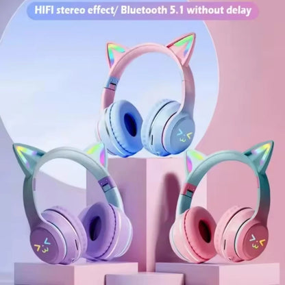 Gradient RGB Cat Ear Wireless Bluetooth Headphones – Cute Stereo Music Gaming Headset with Microphone for Girls & Kids, Fun Gift for Children