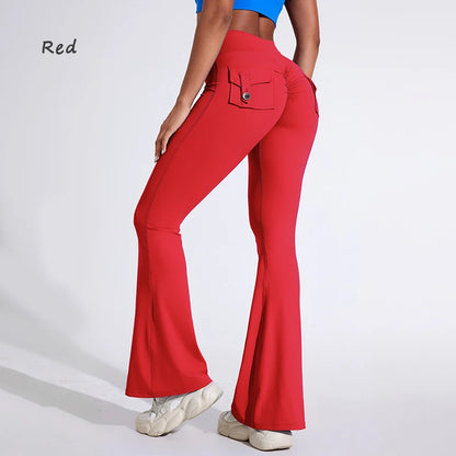 DIAS FIT JOY Pantalon de yoga évasé taille haute pour femme – Legging patte d'éléphant push-up avec poches, pantalon d'entraînement à séchage rapide pour la course, la gym, le fitness et l'exercice