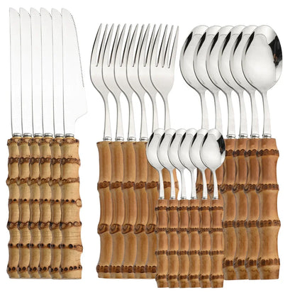 Ensemble de couverts 24 pièces avec manche en bambou – Ensemble de couverts en acier inoxydable avec manches en bois naturel, ustensiles de table pour cuisine, salle à manger, steak et dressages de table