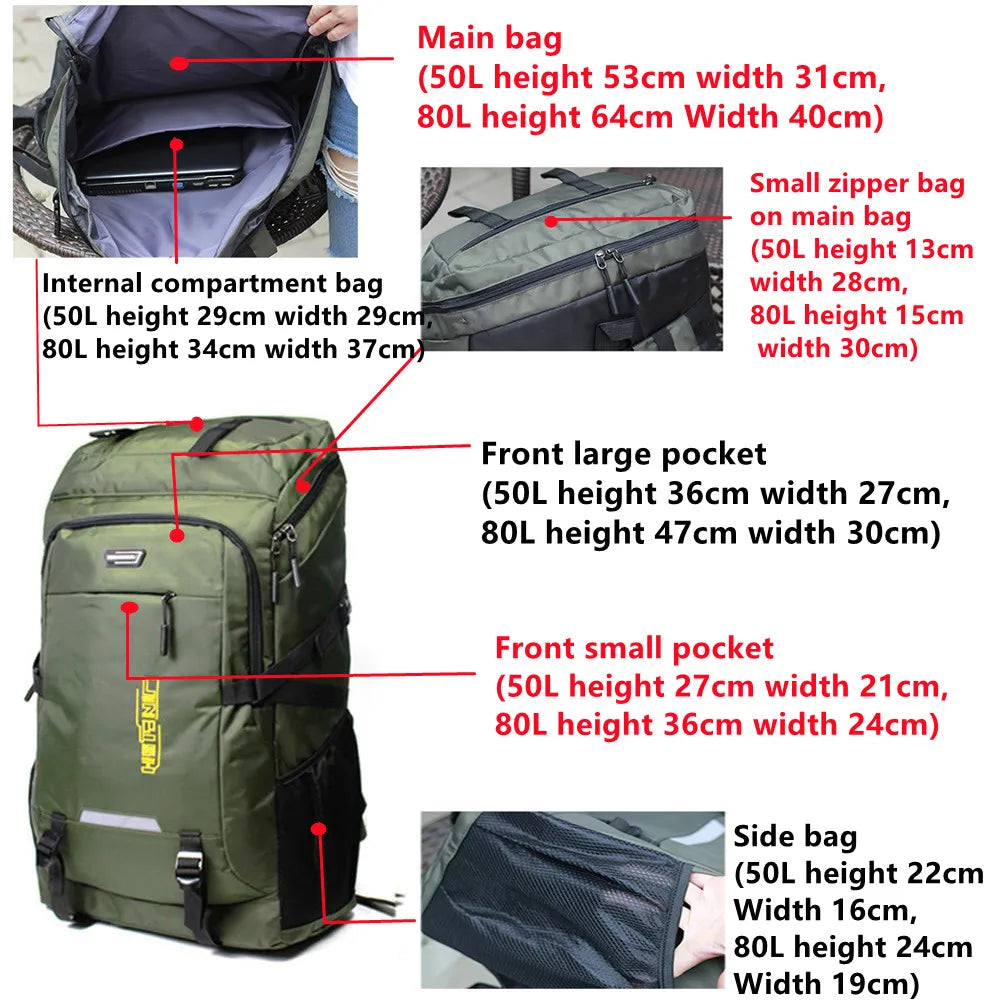 50L/80L Outdoor Hiking Backpack – Large-Capacity Travel Rucksack for Men & Women, Camping, Climbing, Trekking & Sports Adventure Bag