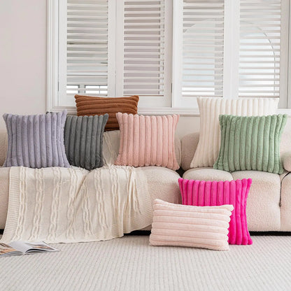 Faux Rabbit Fur Throw Pillow Cover - Ultra Soft Striped Decorative Cushion Cover for Sofa, Bed & Living Room (40x40 & 45x45 cm)