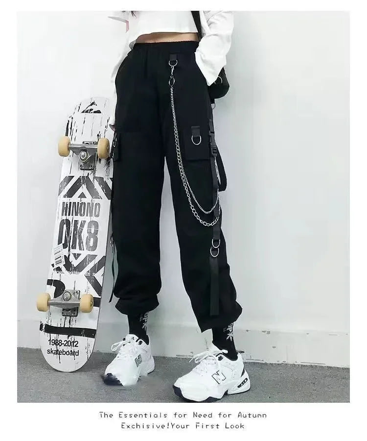 Pantalon Cargo Décontracté Noir pour Femmes Style Coréen Taille Haute Ample Hip Hop Jambe Droite Printemps Automne