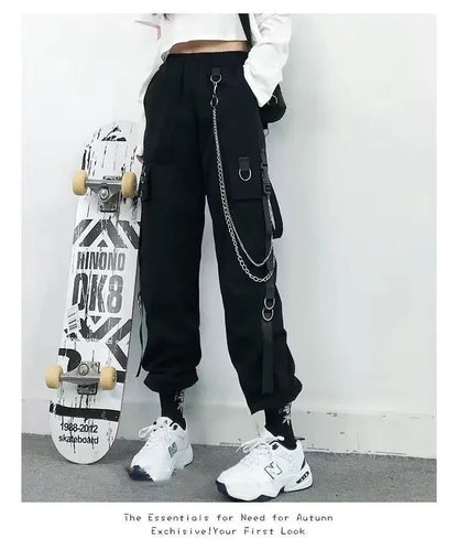 Pantalon Cargo Décontracté Noir pour Femmes Style Coréen Taille Haute Ample Hip Hop Jambe Droite Printemps Automne