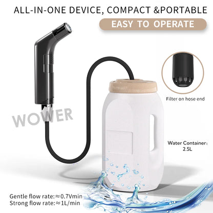 Pulverizador de bidé eléctrico portátil de 2.5L – Bidé de viaje recargable para higiene personal con boquilla Shataf de mano para camping, baño y limpieza sobre la marcha