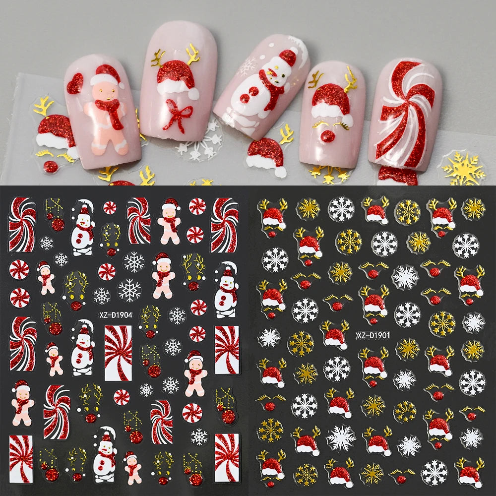 Christmas Nail Art Stickers – Red Glitter Snowflake, Elk & Snowman Self-Adhesive Holiday Manicure Decals (1–12pcs)
