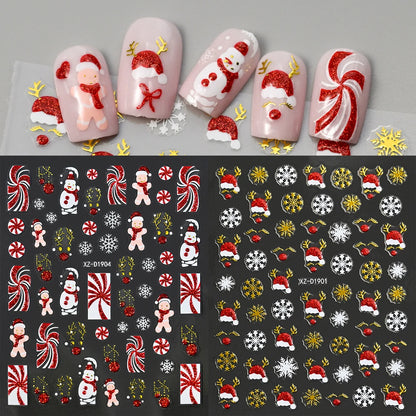 Christmas Nail Art Stickers – Red Glitter Snowflake, Elk & Snowman Self-Adhesive Holiday Manicure Decals (1–12pcs)