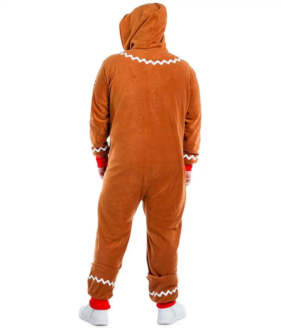 Gingerbread Christmas Costume Hooded Zipper Jumpsuit for Men, Women and Kids, Long Sleeve Holiday Cosplay Outfit for Christmas Parties, Theme Events and Dress-Up Role Play