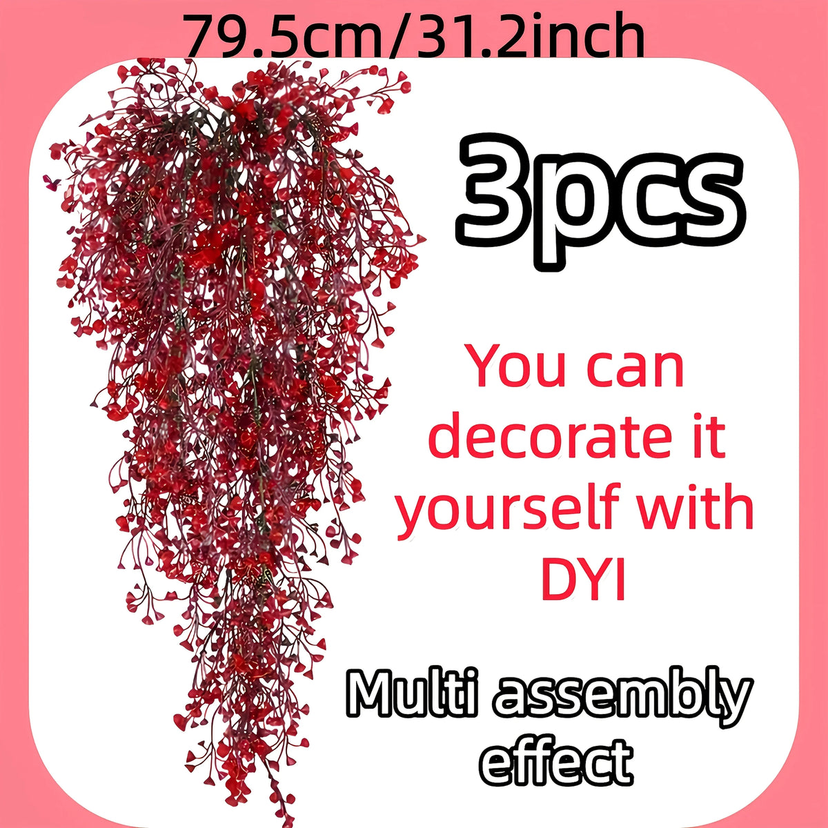 3PCS Artificial Red Fern Hanging Garland – Faux Ivy Plant Vines for Christmas, Wedding, Table, Party & Garden Home Decor