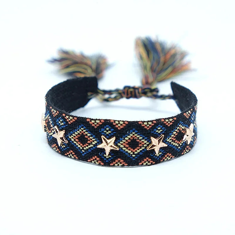 Bohemian Star Tassel Bracelet – Handmade Woven Alloy Gold Rivet Wrist Strap for Women | Ethnic Fashion Jewelry Gift