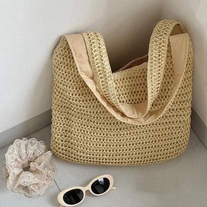 Sac à bandoulière en rotin tressé pour femmes – Grand sac cabas en paille tressée, sac de plage d'été pour femmes, sac de voyage décontracté pour les vacances, le shopping et un usage quotidien