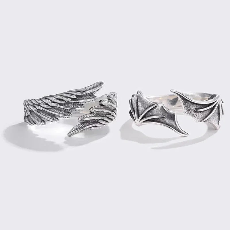 Vintage Angel & Demon Wing Adjustable Couple Ring – Retro Silver Gothic Punk Open Band Ring for Men & Women