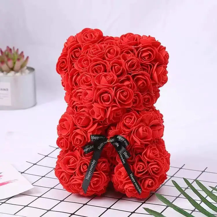 Oso de rosas artificiales de 25 cm con caja de regalo – Regalo romántico para ella en San Valentín, aniversario y boda