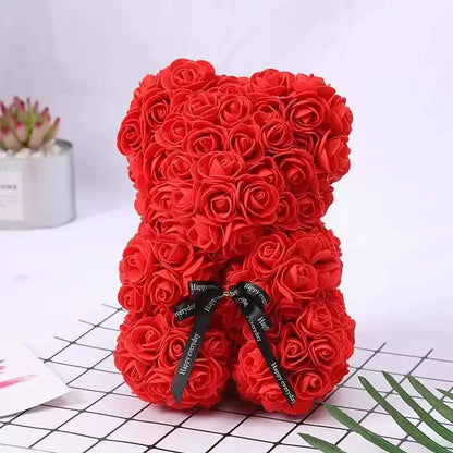 Oso de rosas artificiales de 25 cm con caja de regalo – Regalo romántico para ella en San Valentín, aniversario y boda