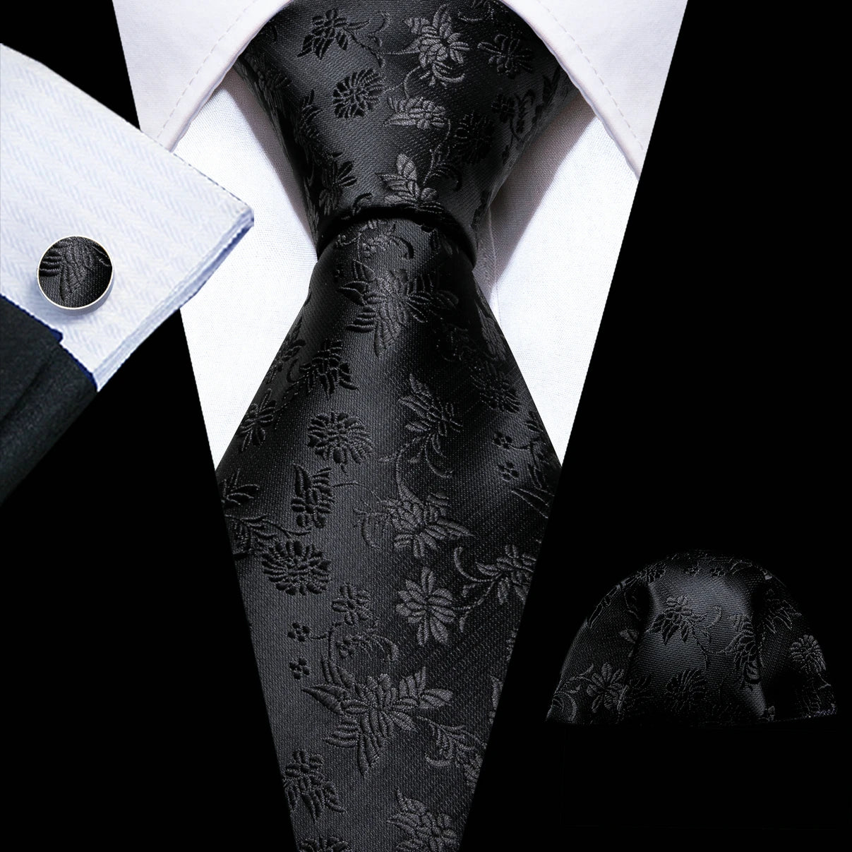 Set de corbata negra para hombre con pañuelo de bolsillo y gemelos. Corbata tejida para ocasiones formales de negocios o bodas.