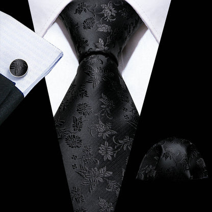 Set de corbata negra para hombre con pañuelo de bolsillo y gemelos. Corbata tejida para ocasiones formales de negocios o bodas.