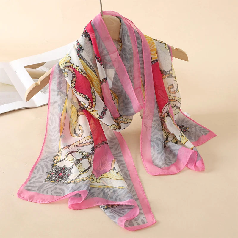 Women's Printed Chiffon Scarf Shawl – Lightweight Silk-Feel Long Wrap for Beach, Travel & Outdoor Wear, Fashion Headband Accessory