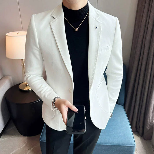 Blazer de terciopelo ajustado para hombre – Chaqueta de traje de lujo de piel de ciervo, abrigo elegante para negocios, casual, bodas, con tallas grandes