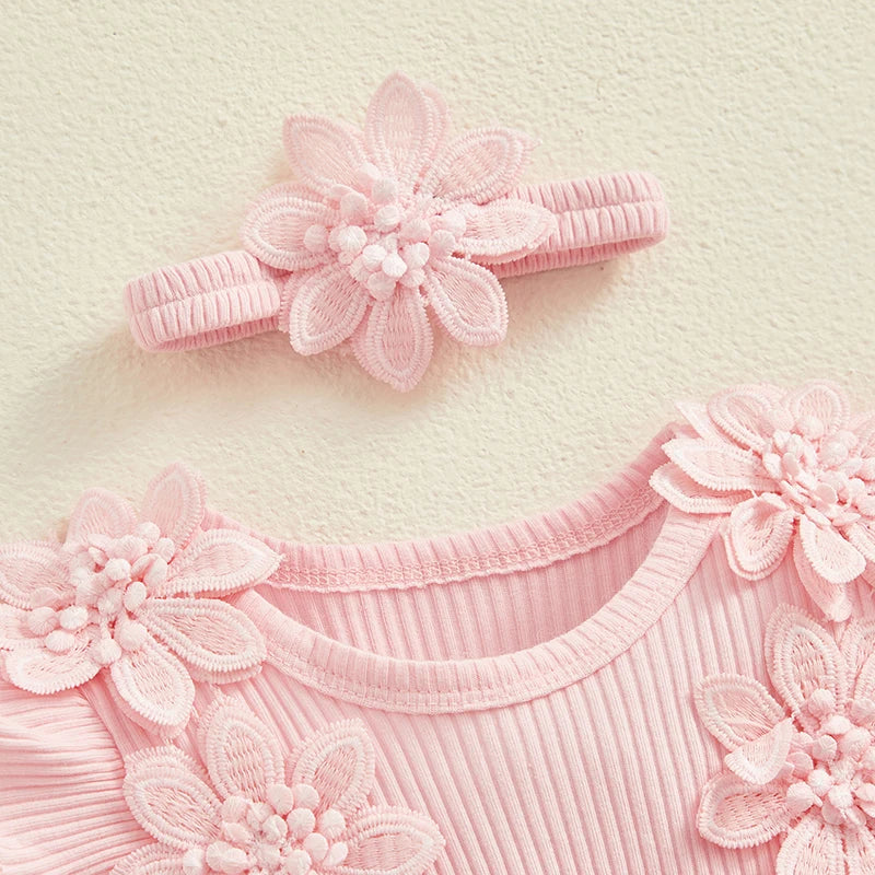 Vestido de mameluco 3D con flores para bebé – Body de malla de princesa de verano con volantes de encaje, conjunto de recién nacido con diadema a juego, ropa linda para niños para ocasiones especiales y uso diario