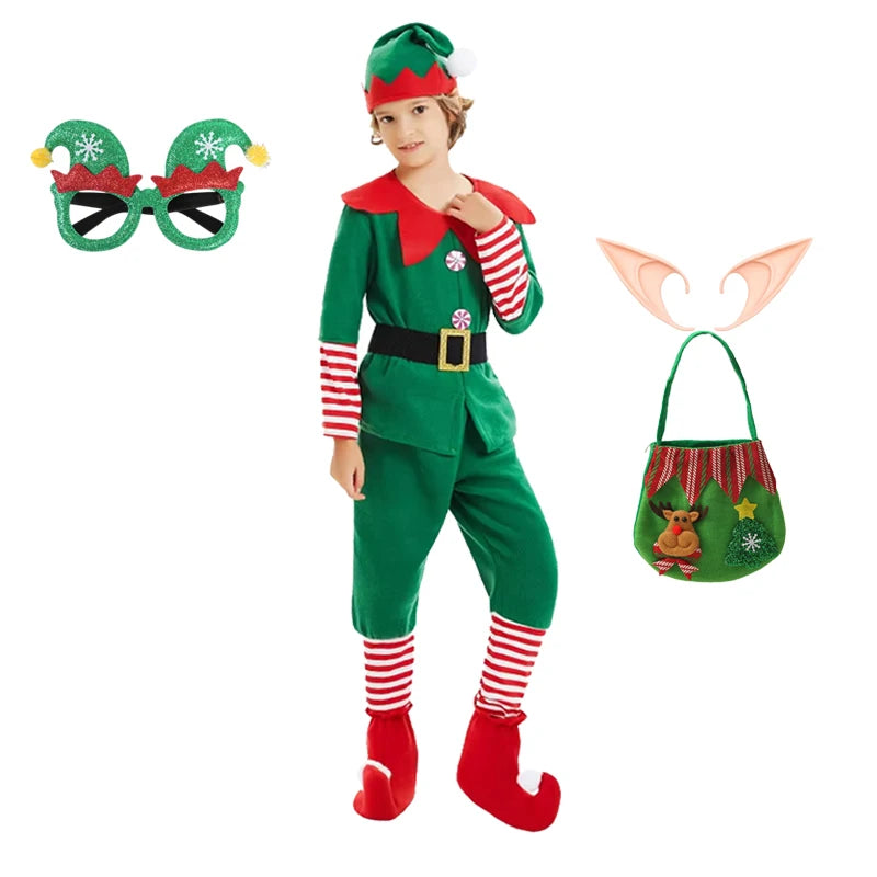 Kids Green Christmas Elf Costume Set, Boys and Girls Santa Claus Cosplay Fancy Dress, Festive Holiday Outfit for Xmas Parties, Carnival Events, Halloween and Christmas Celebrations