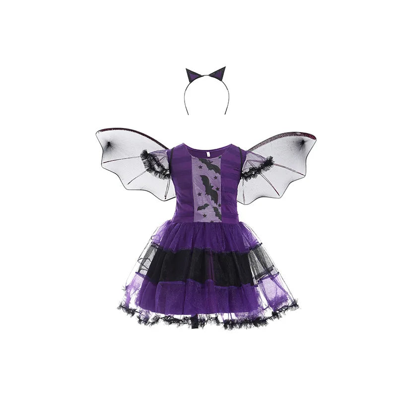 4PCS Girls’ Witch Costume Set – Halloween Dress with Hat, Wand & Bag, Kids Wizard Cosplay Outfit for Parties & Dress-Up