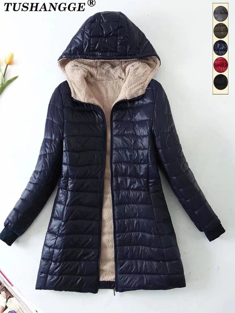 Women’s Korean-Style Mid-Length Hooded Coat – Warm Cotton Parka with Lamb Fleece, Casual Office Jacket for Autumn & Winter